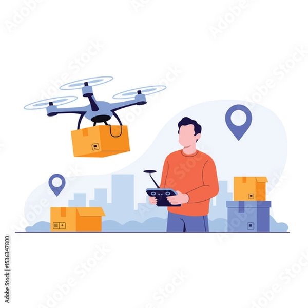 Fototapeta Drone Delivery Service Operator Controlling UAV for Package Transportation and Logistics