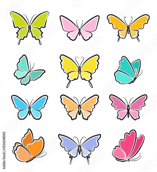 Obraz Set of cartoon butterflies, simple lines, various shapes of wings and colors, vector design