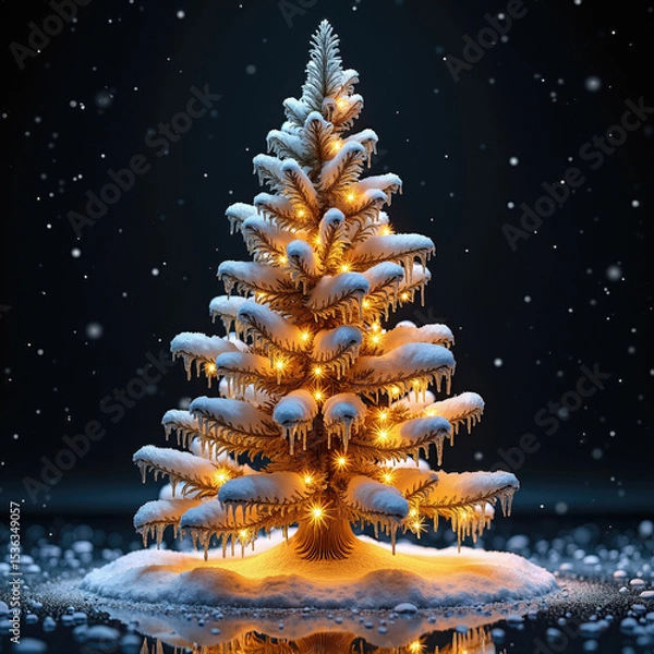 Fototapeta A magical, golden-hued Christmas tree, covered in sparkling snow and icicles, radiates a warm glow from its festive lights, reflecting on a dark, icy surface.
