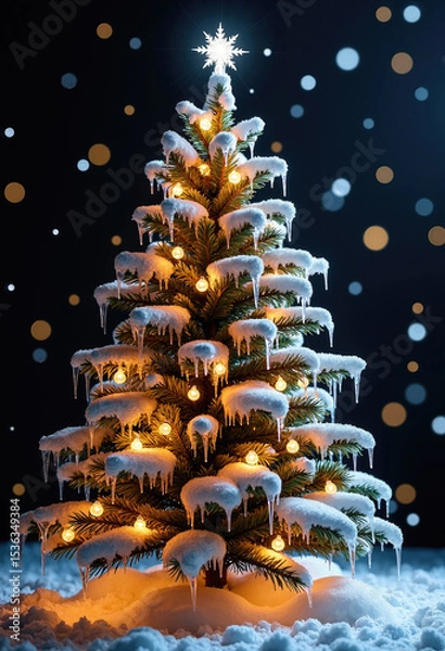 Fototapeta A magical Christmas tree covered in heavy snow and glowing lights, with a shining star on top against a dark winter night with beautiful, festive bokeh effects.
