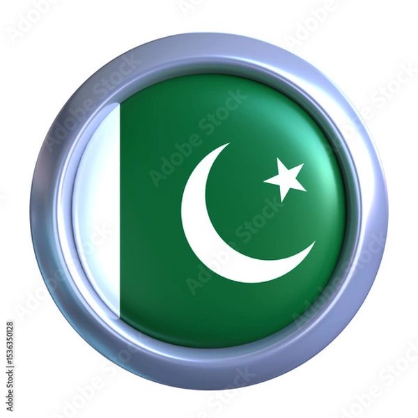 Fototapeta 3D Pakistan Flag with circle metallic frame, showcasing national emblem detail in a polished, modern design. Perfect for apps, UI, or educational use