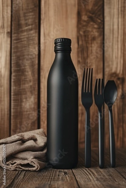 Obraz Sleek Black Reusable Bottle Paired with Foldable Stainless Steel Utensils Mockup in a Natural Wood Setting 