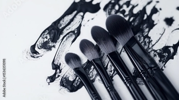 Obraz Sleek Dark Makeup Brushes Set on a White Surface with Abstract Black Ink Blots 