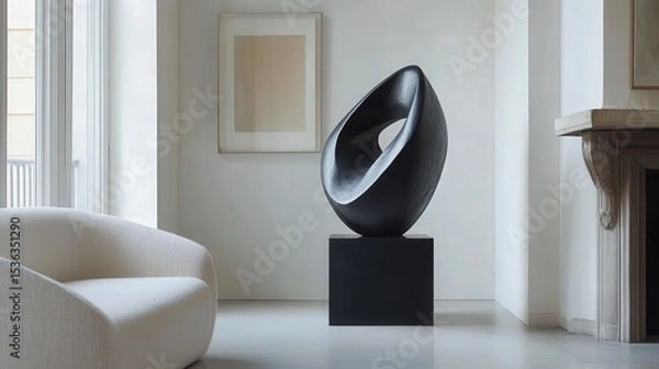 Obraz Sleek Matte Black Abstract Sculpture Displayed in a Minimalist White-Walled Living Space 