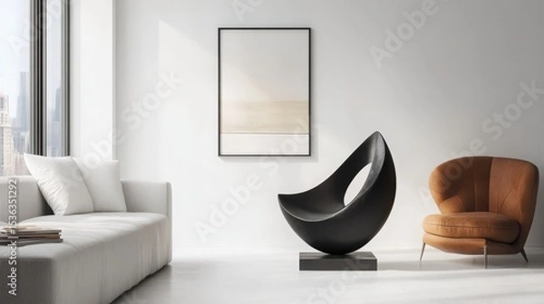 Obraz Sleek Matte Black Abstract Sculpture Displayed in a Minimalist White-Walled Living Space 