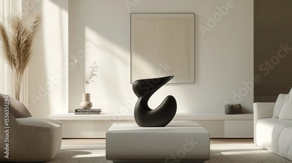 Obraz Sleek Matte Black Abstract Sculpture Displayed in a Minimalist White-Walled Living Space 