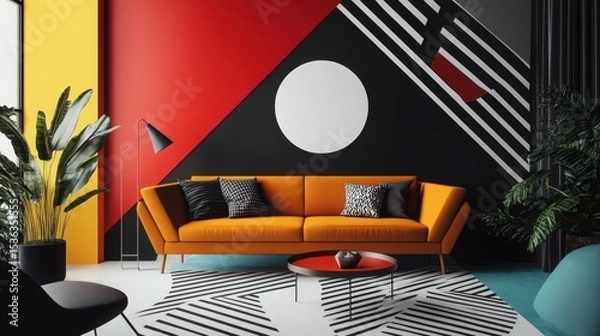 Obraz Sleek Modern Room Decorated with Angular Shapes in Primary Colors Against a Monochrome Black and White Backdrop 