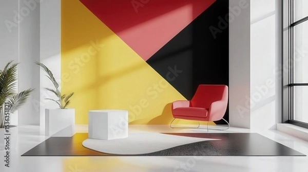 Obraz Sleek Modern Room Decorated with Angular Shapes in Primary Colors Against a Monochrome Black and White Backdrop 