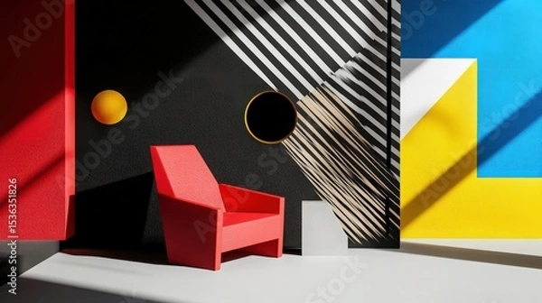 Obraz Sleek Modern Room Decorated with Angular Shapes in Primary Colors Against a Monochrome Black and White Backdrop 