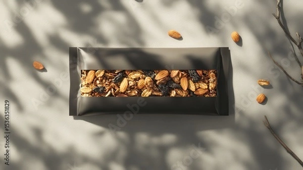 Obraz Sleek Rectangular Snack Packaging Mockup Featuring Trail Mix Design on a Minimalist Background 