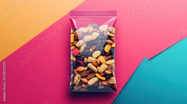 Obraz Sleek Rectangular Snack Packaging Mockup Featuring Trail Mix Design on a Minimalist Background 