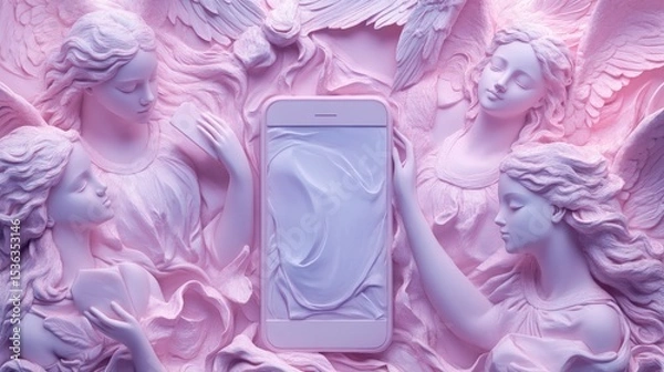 Obraz Soft Pastel-Toned Angelic Figures Carved in Relief Around a Modern Mobile Device 