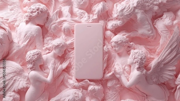 Obraz Soft Pastel-Toned Angelic Figures Carved in Relief Around a Modern Mobile Device 