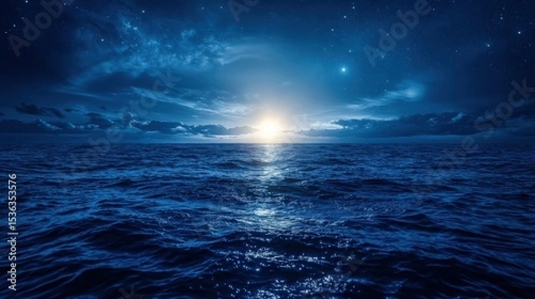 Obraz Sparkling Celestial Light burst Hovering Over Still Ocean Surface Under a Deep Indigo Dusk Horizon 