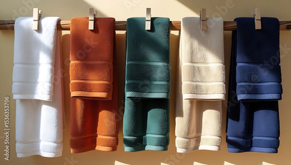 Obraz Colorful Cotton Towels Hanging on Wooden Rod in Natural Light – Soft Bathroom Towel Display