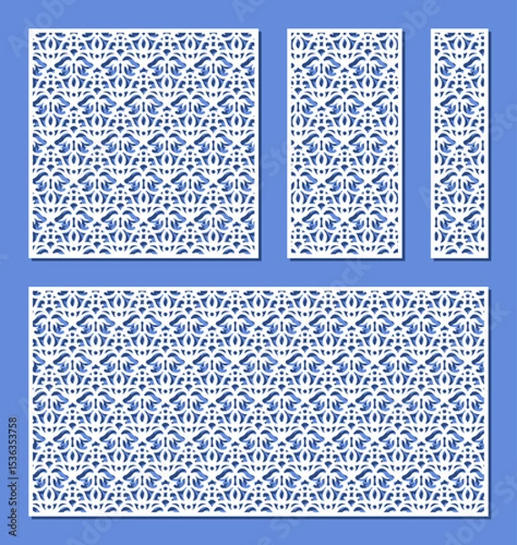 Fototapeta Set of carved panels. Square, rectangular lattices, screens, partitions, dividers, bookmarks with openwork floral patterns, plant ornaments. Vector template for plotter laser cutting of paper, cnc.