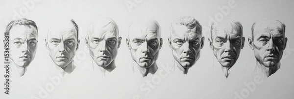 Obraz Step-by-Step Graphite Face Sketches Arranged Neatly Against a Plain White Surface 