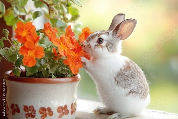 Obraz Sweet Rabbit Tending to Vibrant Tangerine Flowers in a Ceramic Flowerpot