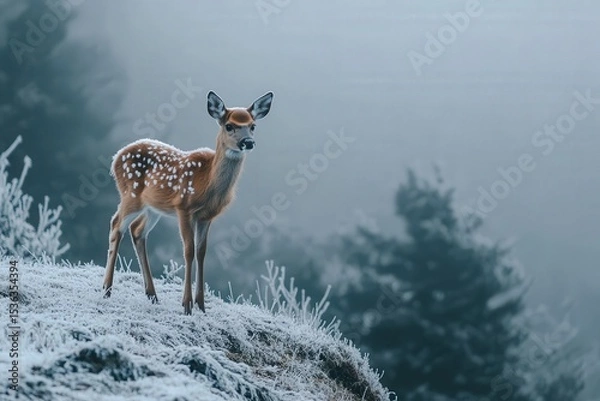 Obraz Tiny Chestnut Deer Standing on a Frost-Covered Mountain Ridge Beneath a Gray Overcast Sky 