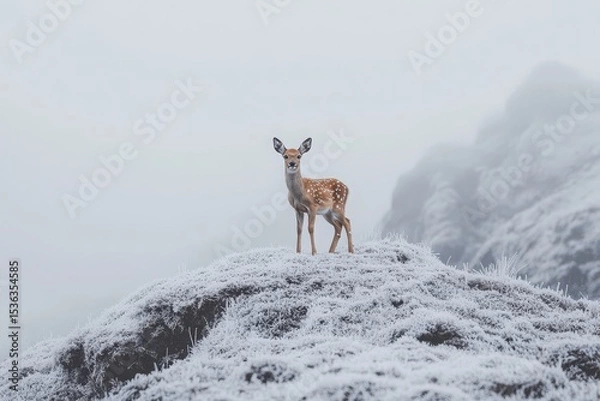 Obraz Tiny Chestnut Deer Standing on a Frost-Covered Mountain Ridge Beneath a Gray Overcast Sky 
