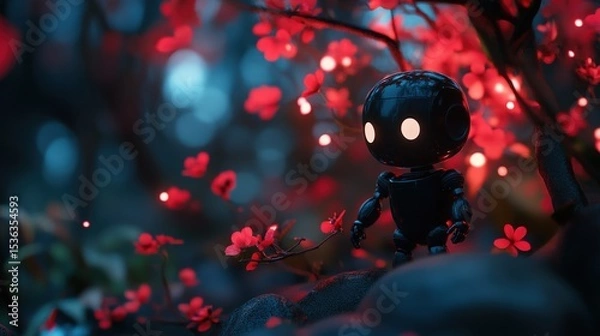 Obraz Tiny Onyx Robot Exploring Vibrant Red Blossoms Illuminated in the Darkness of Night
