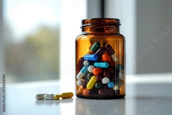 Obraz Translucent Amber Medicine Bottle Containing Assorted Multicolored Capsules and Tablets on a Clean White Surface