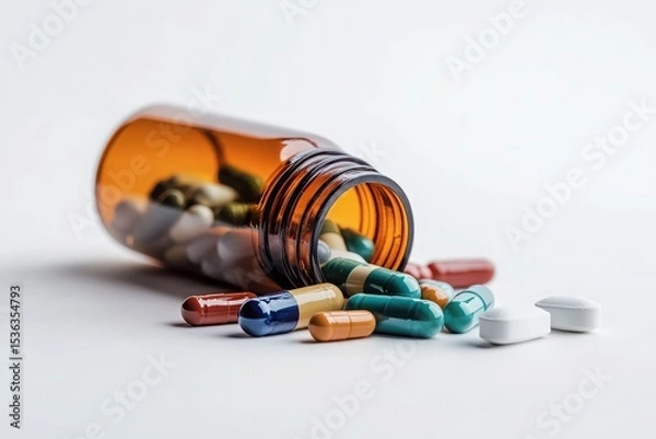 Obraz Translucent Amber Medicine Bottle Containing Assorted Multicolored Capsules and Tablets on a Clean White Surface