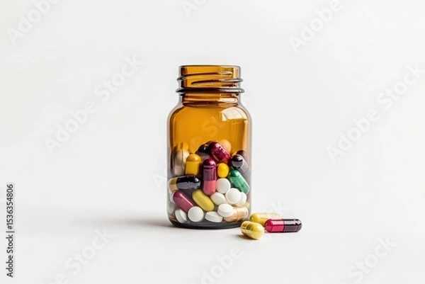 Obraz Translucent Amber Medicine Bottle Containing Assorted Multicolored Capsules and Tablets on a Clean White Surface