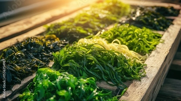 Obraz Variety of Vibrant Green Seaweed Strands Laid Out on a Wooden Tray in Natural Sunlight 