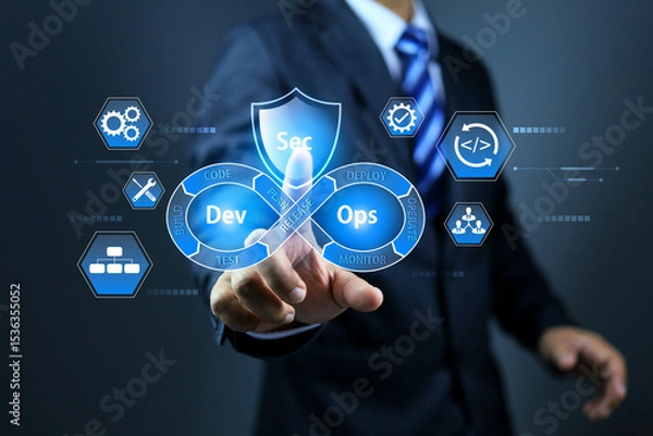 Fototapeta Software developer dev sec ops engineer using tablet to applied agile methodology development security operations programming technology to business data analysis