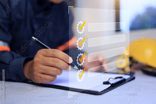 Fototapeta Engineering check list concept with technician working in office desktop to review item and checking machine daily checklist before start working operation