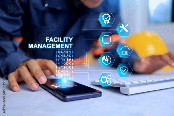 Fototapeta Facility management concept with engineer working in office desktop to manage and monitoring facility works infrastructure system in smart city via smart phone hologram