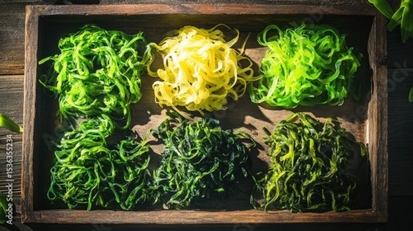 Obraz Variety of Vibrant Green Seaweed Strands Laid Out on a Wooden Tray in Natural Sunlight 