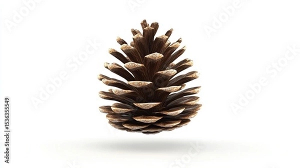 Fototapeta A single, dark-brown pine cone with light-brown edges, meticulously detailed, floats against a stark white backdrop, casting a subtle shadow below