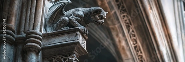 Obraz Weathered Gray Stone Gargoyle Sculpture Perched on a Gothic Archway Inside a Cathedral 