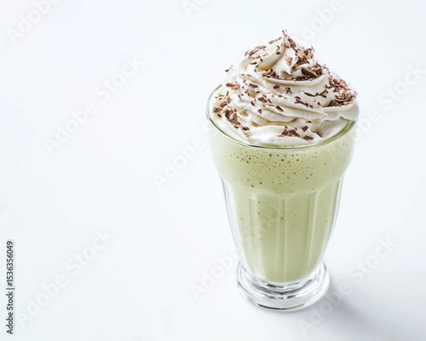 Obraz Pistachio milkshake with whipped cream, grated chocolate on white background. Shooting from above at 45 degree angle with copy space, soft studio light