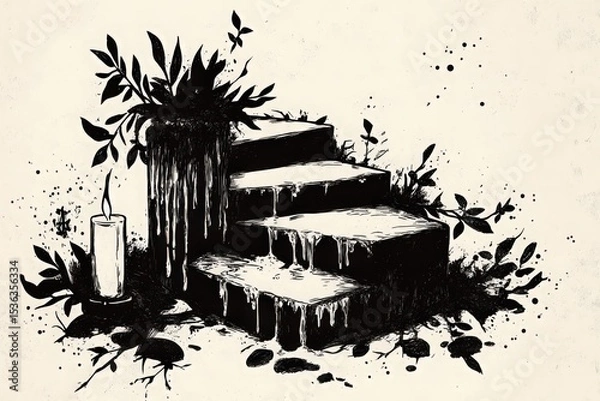 Obraz Whimsical Ink Illustration of a Dripping Stairway Beside a Flickering Candle and Scattered Foliage 