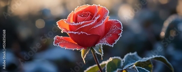 Obraz A vibrant red rose with frost-covered edges illuminated by the soft winter sun