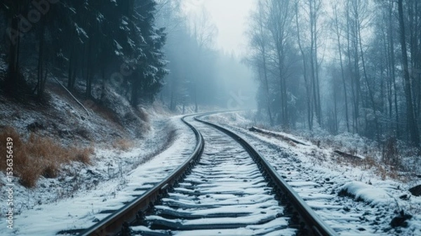Obraz Winding Railroad Rails Fading Away Amidst a Fog-Shrouded Winter Forest