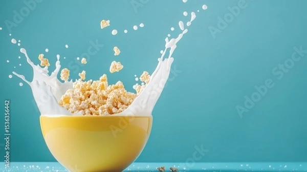 Obraz Yellow Bowl of Cereal with Milk Splash on Soft Aqua Blue Background