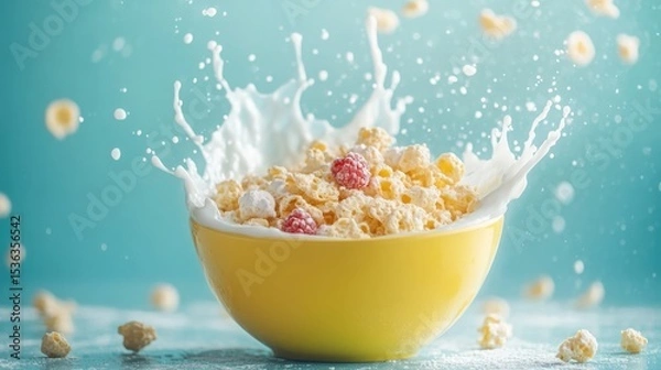 Obraz Yellow Bowl of Cereal with Milk Splash on Soft Aqua Blue Background