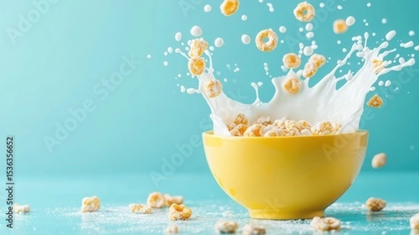 Obraz Yellow Bowl of Cereal with Milk Splash on Soft Aqua Blue Background