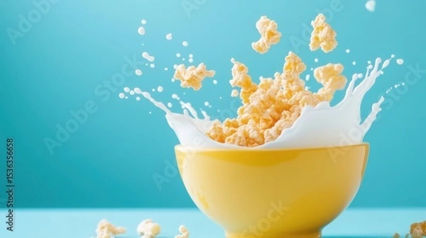 Obraz Yellow Bowl of Cereal with Milk Splash on Soft Aqua Blue Background