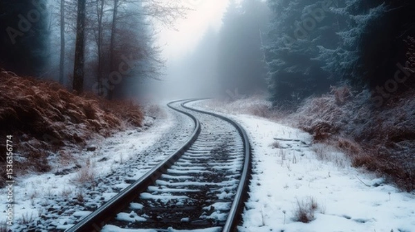 Obraz Winding Railroad Rails Fading Away Amidst a Fog-Shrouded Winter Forest