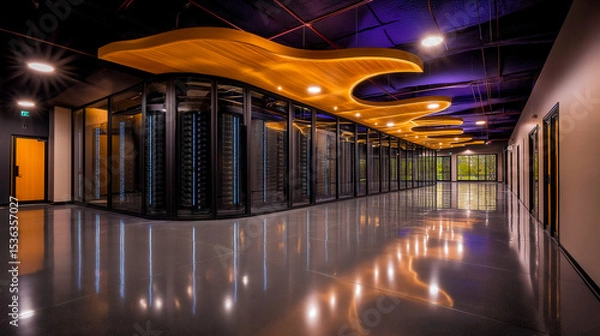 Fototapeta Futuristic data center with towering black server racks