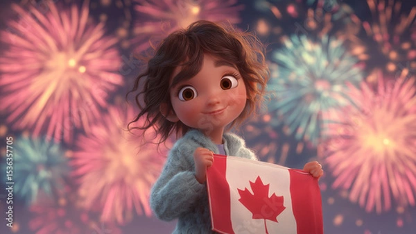 Fototapeta Brown-skinned 3D character holds maple flag by night-sky fireworks