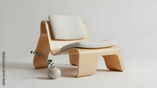 Obraz Minimalist Bent Wood Chair With Cushions And Small Plant On A White Background