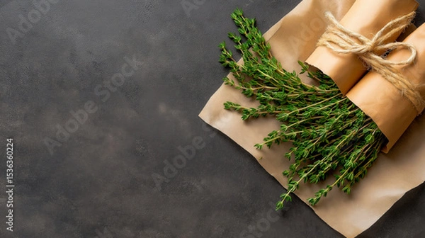 Fototapeta Fresh thyme wrapped in parchment paper on rustic surface