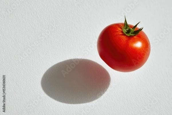Obraz Single tomato floating above white surface with shadow