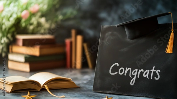 Fototapeta Congrats written on blackboard with graduation cap and books